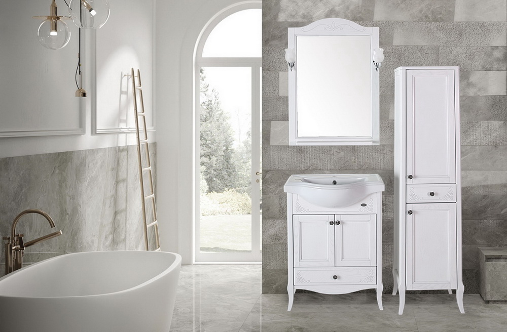 Зеркало белое с полкой Салерно 65 с полкой+светильники