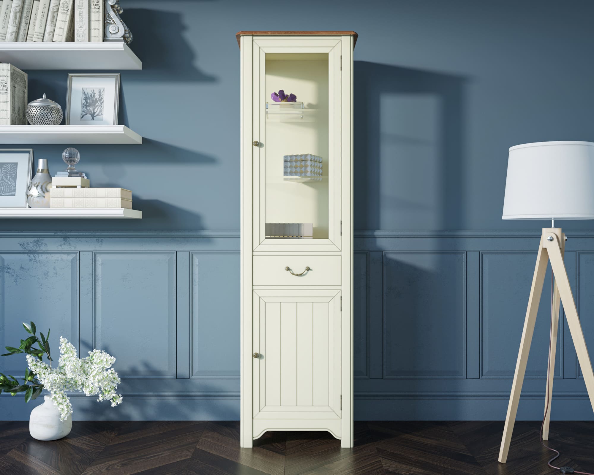 Узкий шкаф-витрина "Olivia" в бежевом цвете