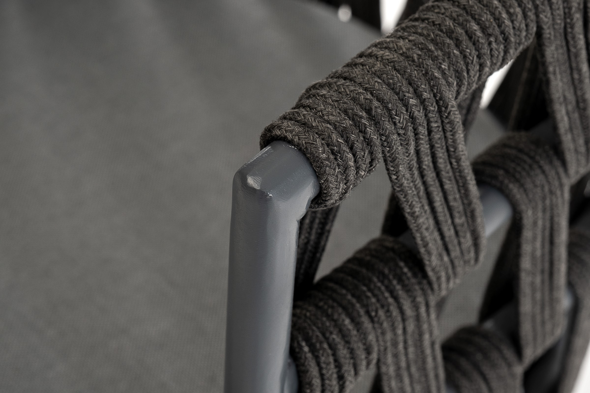 "Диого" стул плетеный из роупа, основание дуб, роуп темно-серый круглый, ткань серая